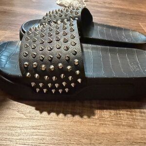 Christian Louboutin Black Studded Slide Sandals